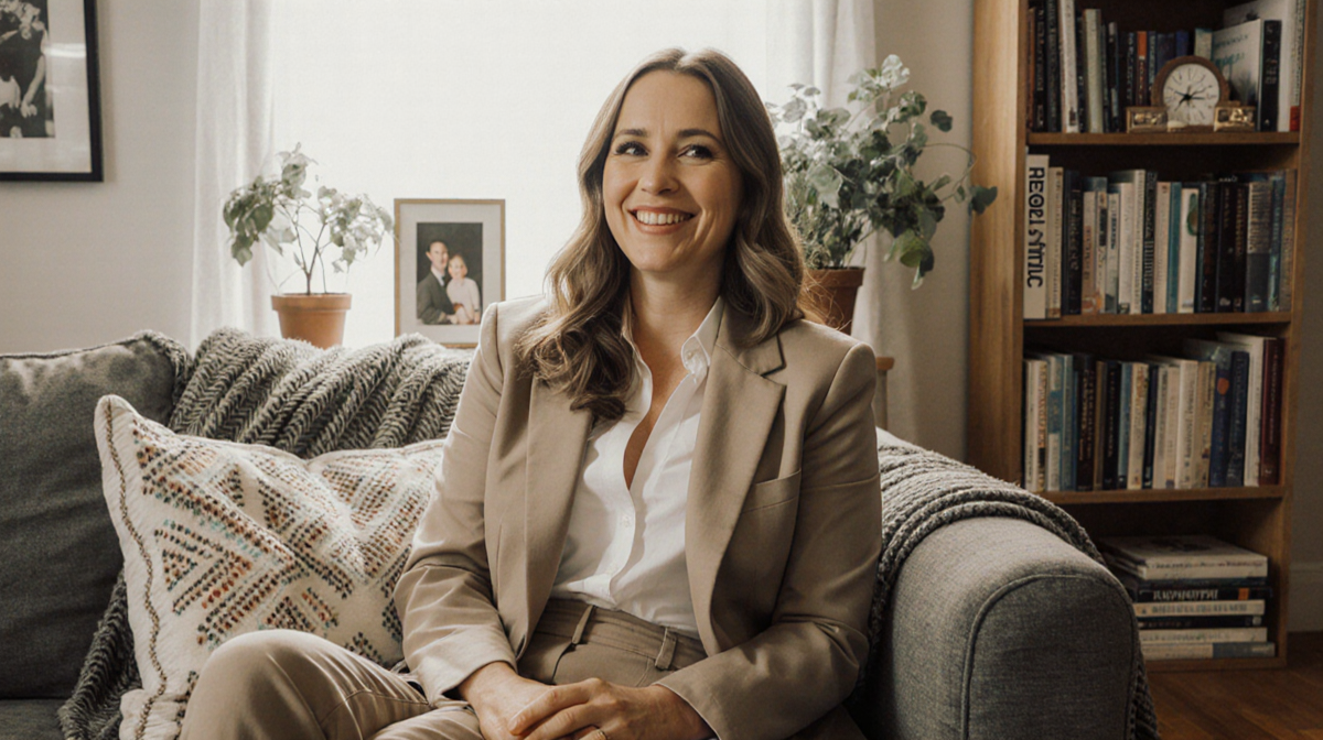 LeeAnn Kreischer sits relaxed with books and plants surrounding her in a warm living room