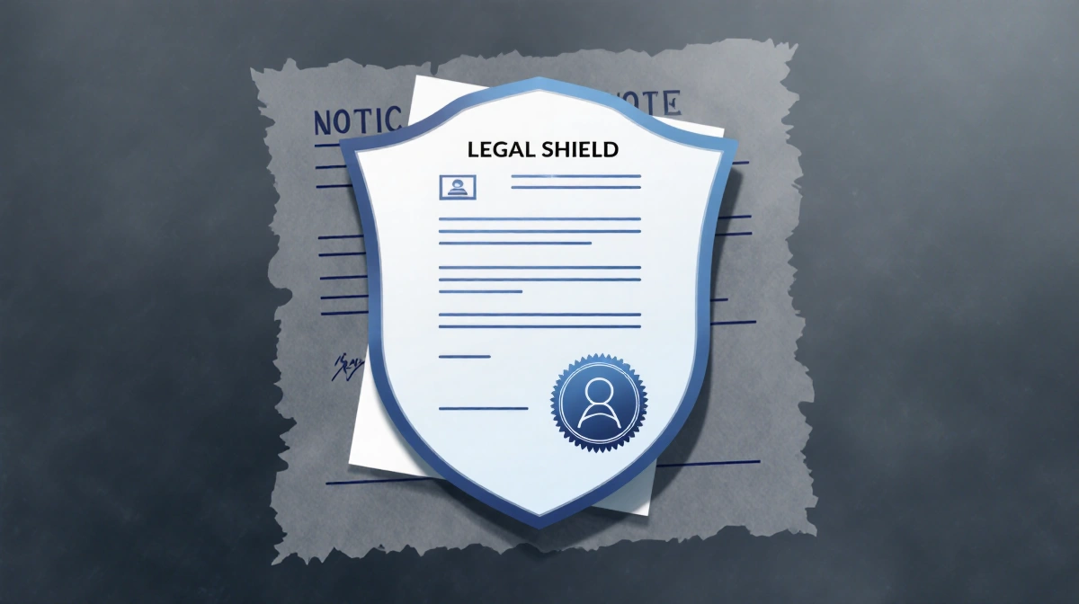 Stylized shield with legal symbols protecting document showing professional legal services