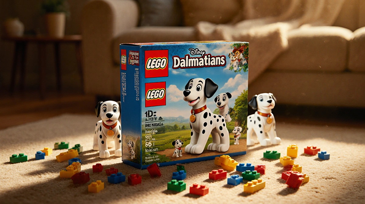 Lego Disney 101 Dalmatians box sits angled with scattered bricks and Dalmatian figurines peeking out