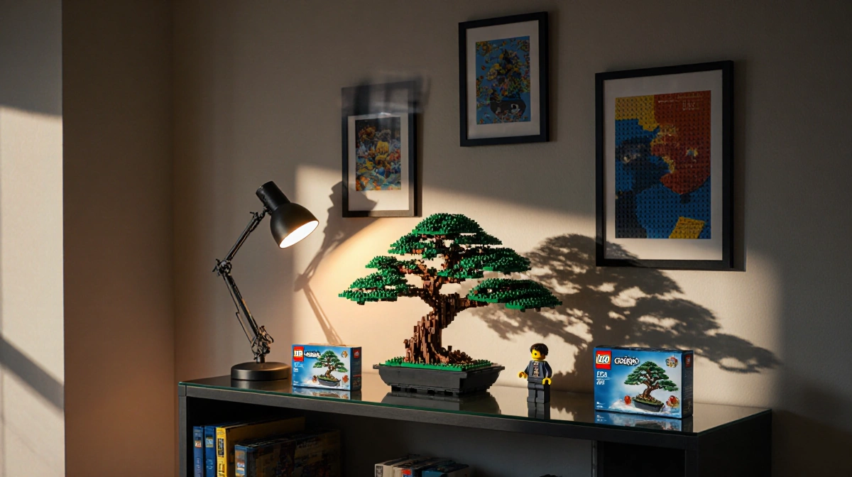 Modern bookshelf holds Lego sets with Bonsai Tree set glowing under warm desk lamp and framed prints on wall