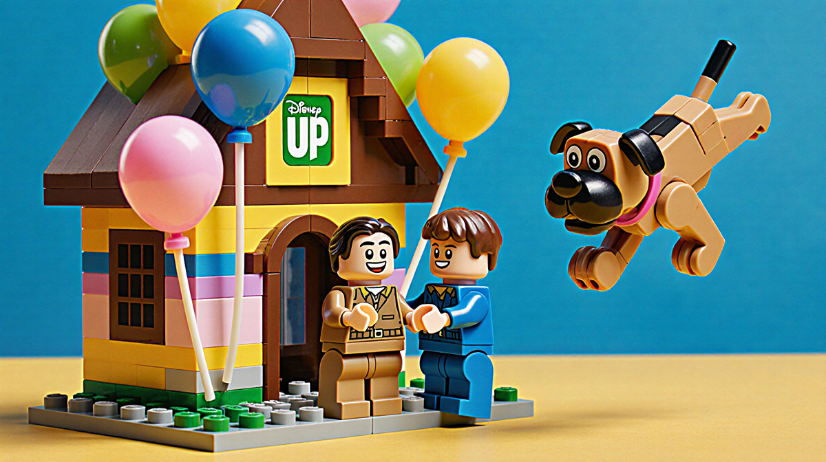 Russell holding Dug with bright balloons tied to a miniature Lego house featuring the UP logo