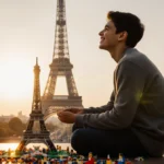 Man building Lego Eiffel Tower model with real monument glowing at sunset behind him
