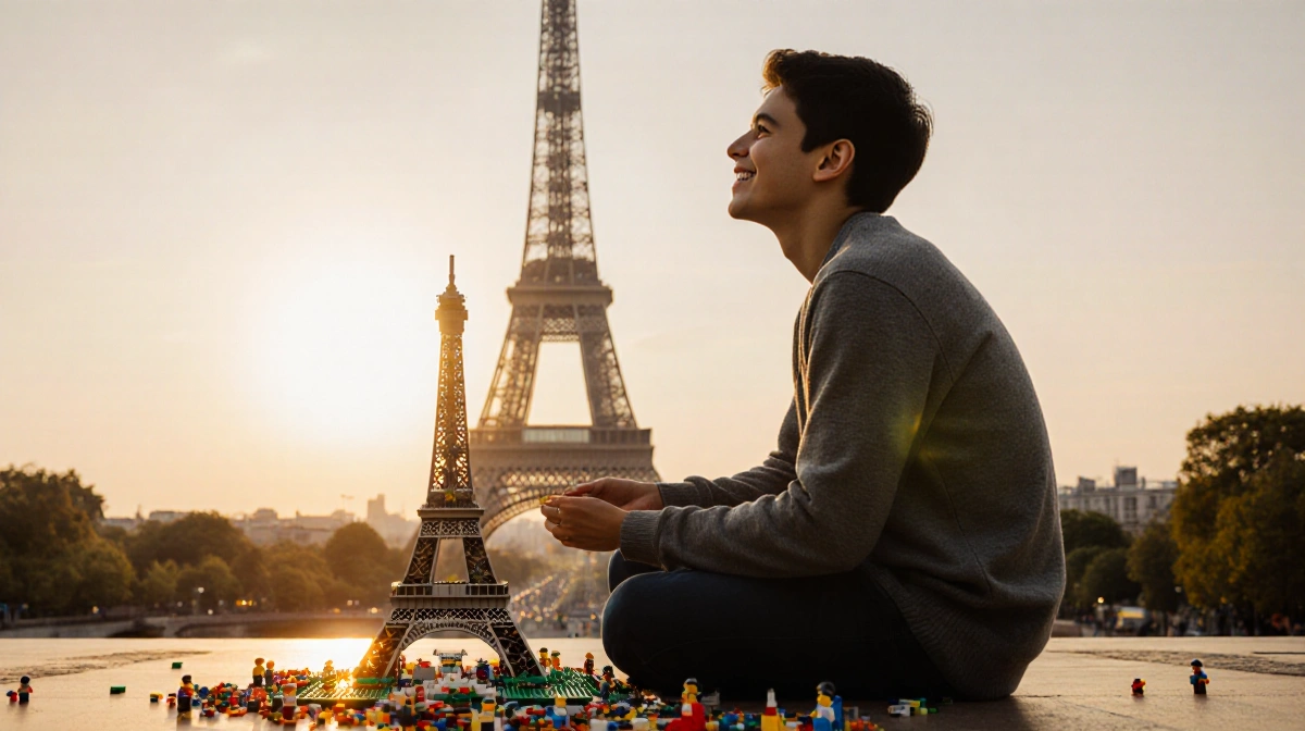 Man building Lego Eiffel Tower model with real monument glowing at sunset behind him