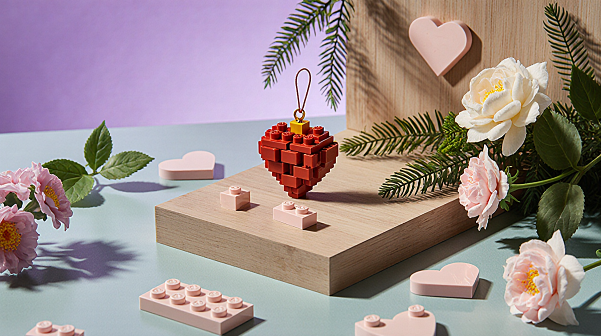 Lego Heart Ornament resting on a shelf with flowers and light pink hearts and a Valentine's Day purple gradient