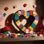 Lego heart wreath sits atop a wooden shelf with scattered Lego bricks and Valentine’s Day decorations.