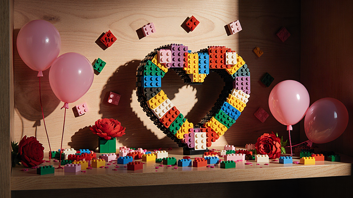 Lego heart wreath sits atop a wooden shelf with scattered Lego bricks and Valentine’s Day decorations.