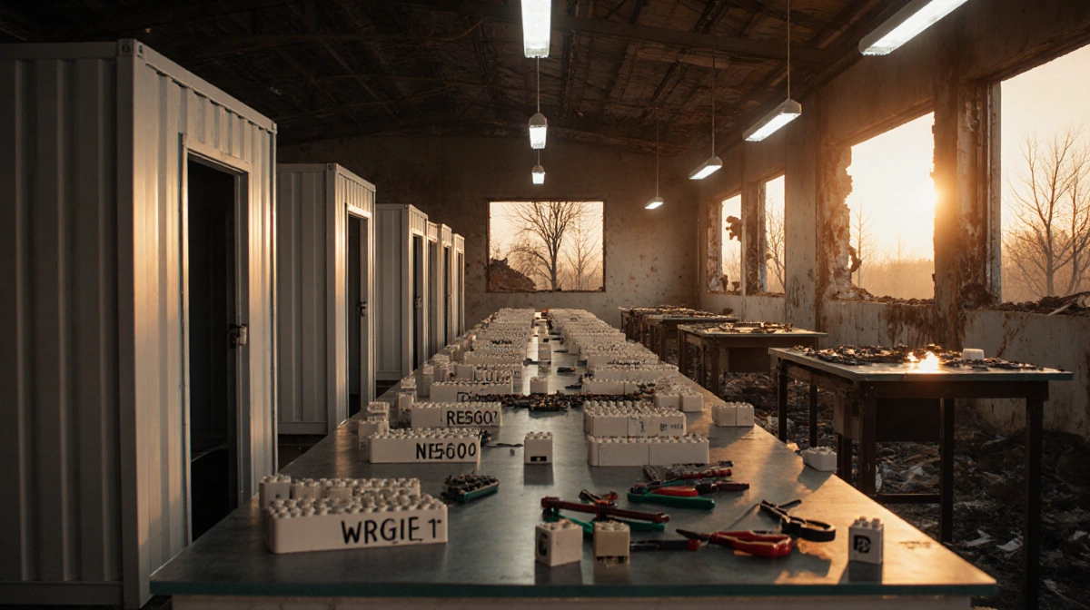 Factory workers assembling modular house sections with LEGO blocks on conveyor belt and wildfire damage visible through broke