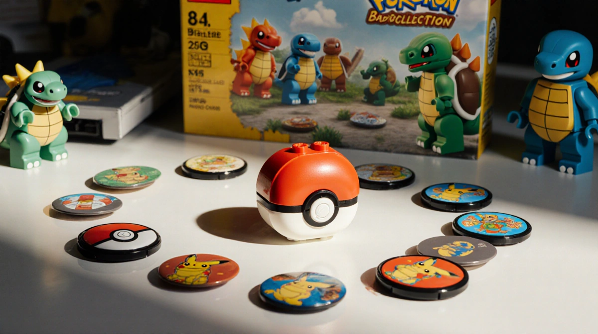 Lego Pokémon Kanto badge collection piece sits on shelf with Venusaur and Charizard sets behind and circular badge arrangemen