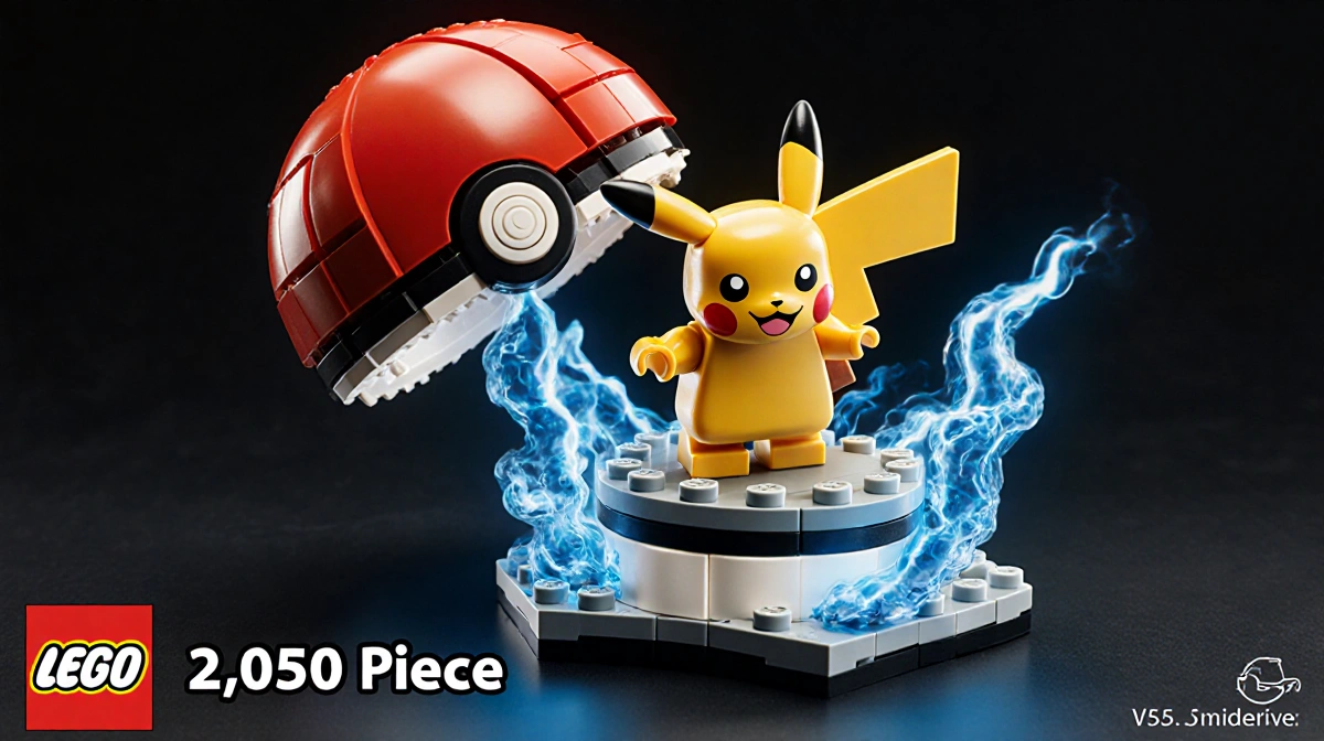 Lego Pikachu figure standing inside open Poké Ball with blue lightning effects and piece count visible