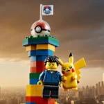 Lego minifigure building colorful Pokémon tower with Pikachu on shoulder and Poké Ball on top