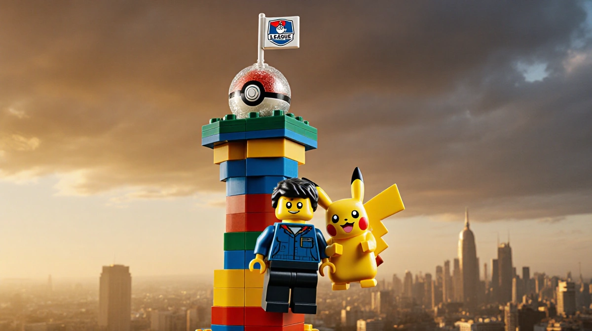 Lego minifigure building colorful Pokémon tower with Pikachu on shoulder and Poké Ball on top
