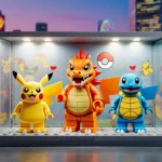 Lego Pokémon sets unveiling in bright display case with Pikachu and Charizard showing collaboration excitement
