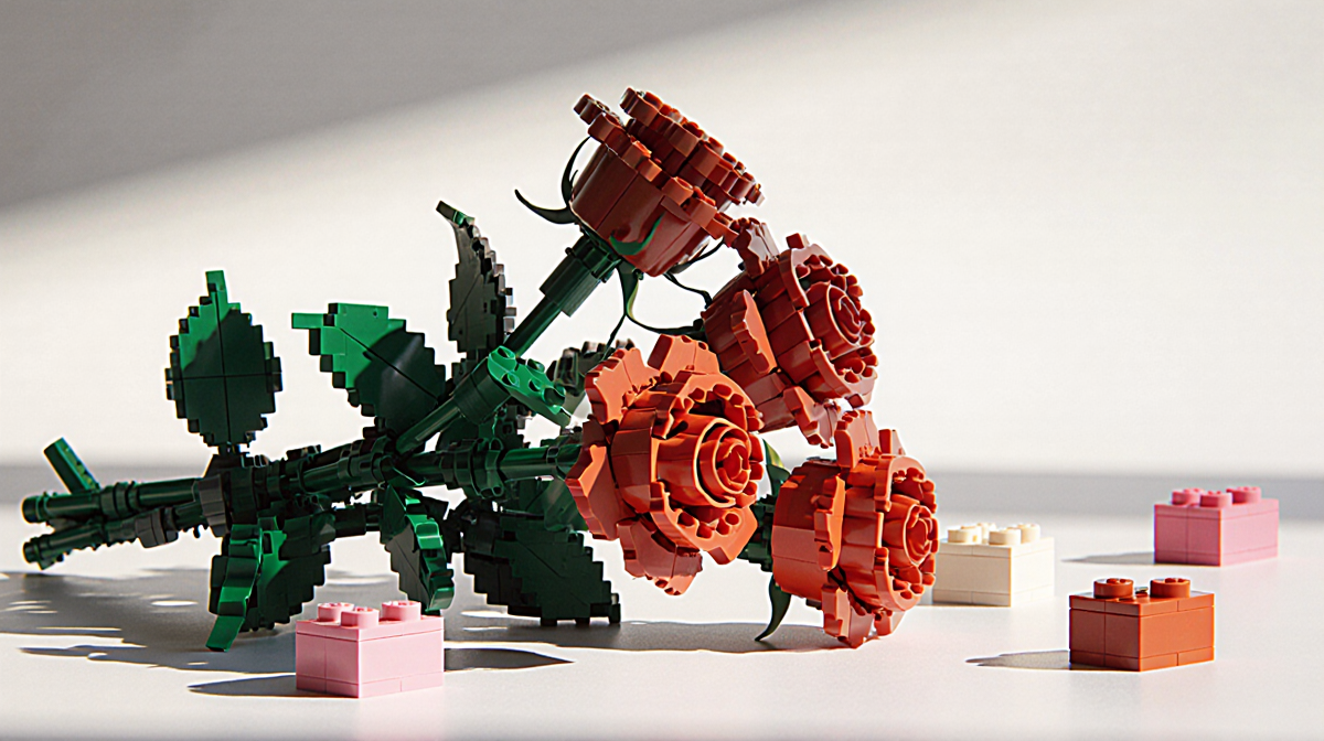 Lego rose bouquet arranging roses with colorful bricks and warm light celebrating Valentine’s Day joy