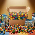 Colorful Lego sets and Disney Harry Potter bricks spill across wooden table with Creative Brick Box open and natural light sh