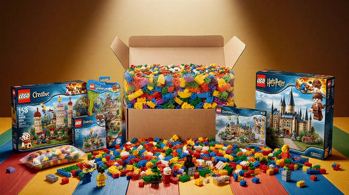 Colorful Lego sets and Disney Harry Potter bricks spill across wooden table with Creative Brick Box open and natural light sh