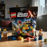 Large bag of Lego Smart Blocks opens to reveal Star Wars bricks with minifigures peeking colors glow on dimly lit table