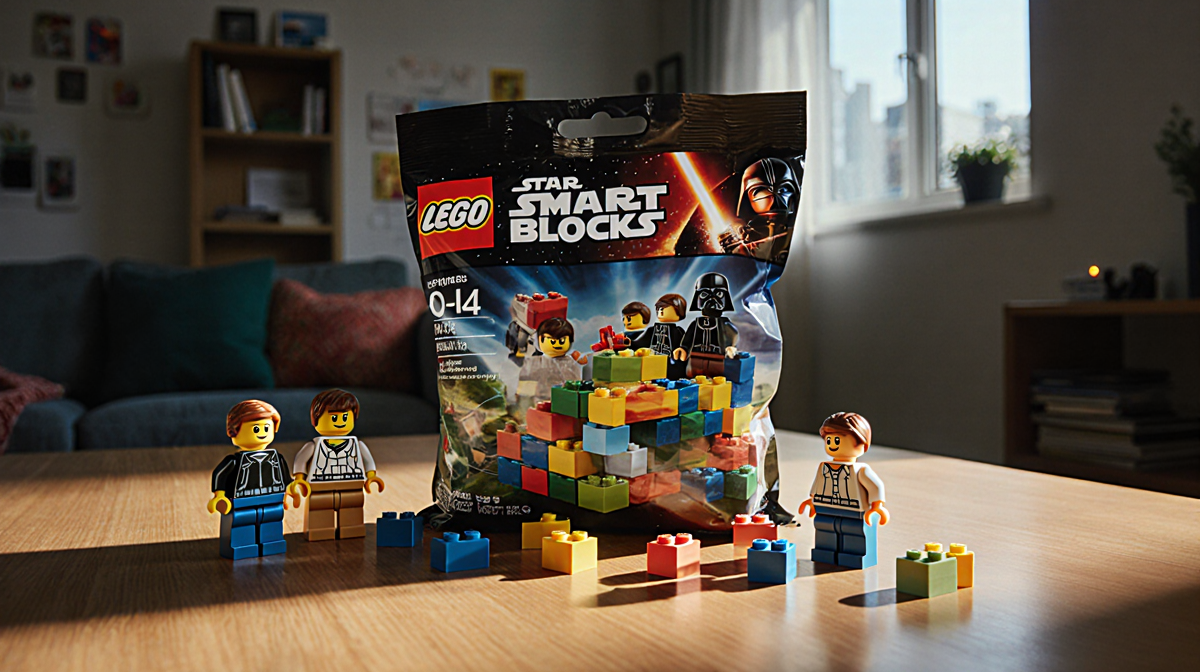 Large bag of Lego Smart Blocks opens to reveal Star Wars bricks with minifigures peeking colors glow on dimly lit table