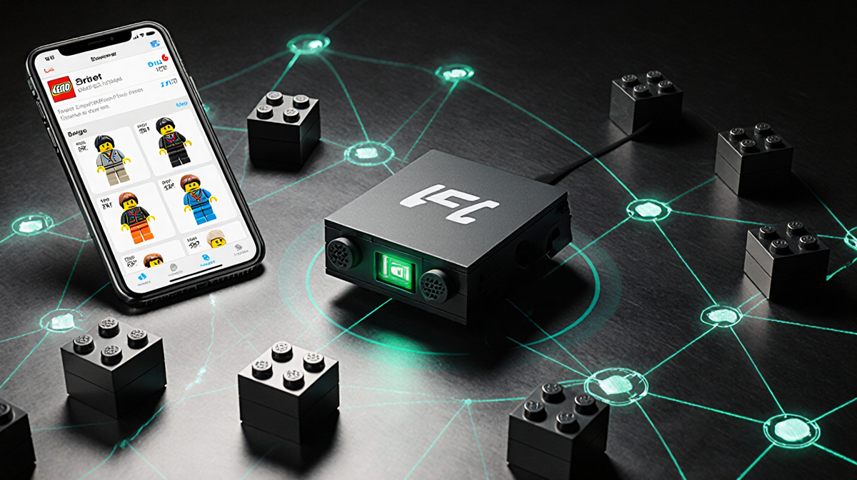 Lego Smart Brick wirelessly charging with glowing LED lights and app screen showing connected minifigures in background.