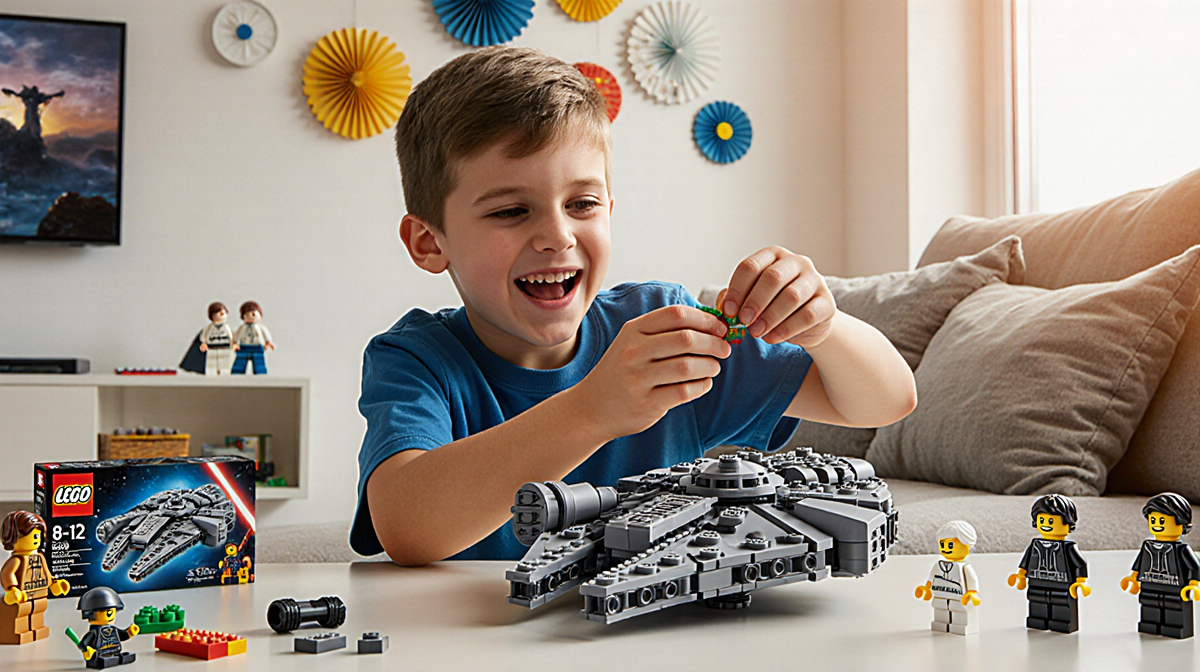 Boy building Lego Smart Bricks with a sleek futuristic Falcon model and Star Wars decorations in a bright living room