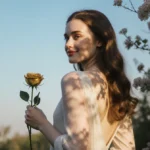Leighton Meester stands with back to camera holding gold rose with blooming flowers and soft blue sky