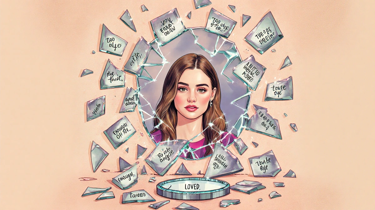 Leighton Meester stands with shattered mirror pieces around her feet and one intact shard showing positive reflection