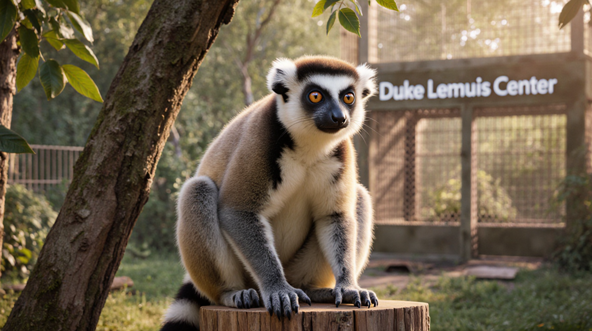 Coquerel's sifaka lemur sitting on a wooden stump with golden light and subtle Duke Lemur Center outline in background