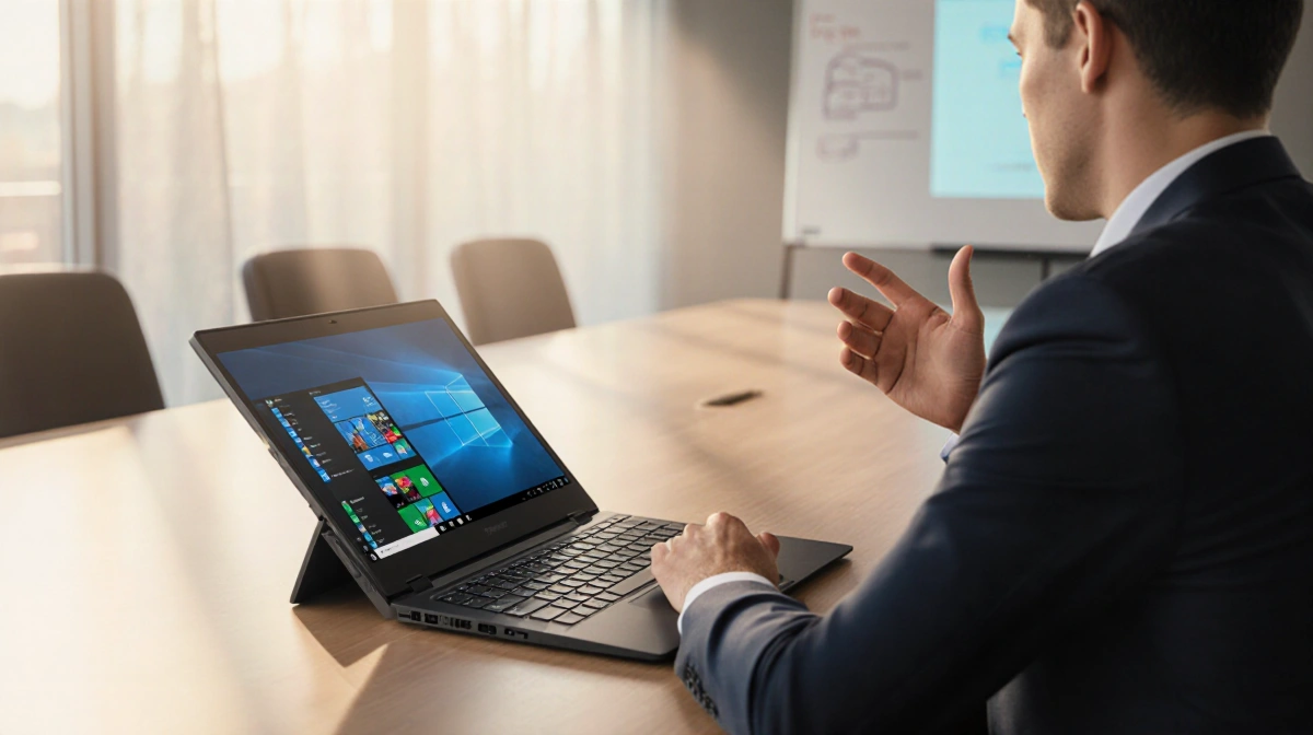 Person gestures during meeting with Lenovo ThinkBook Plus Auto Twist laptop screen rotated toward them and blurred whiteboard