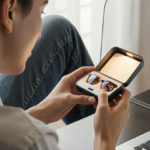 Person examining prescription lens case with natural light and laptop screen showing online shopping site in background