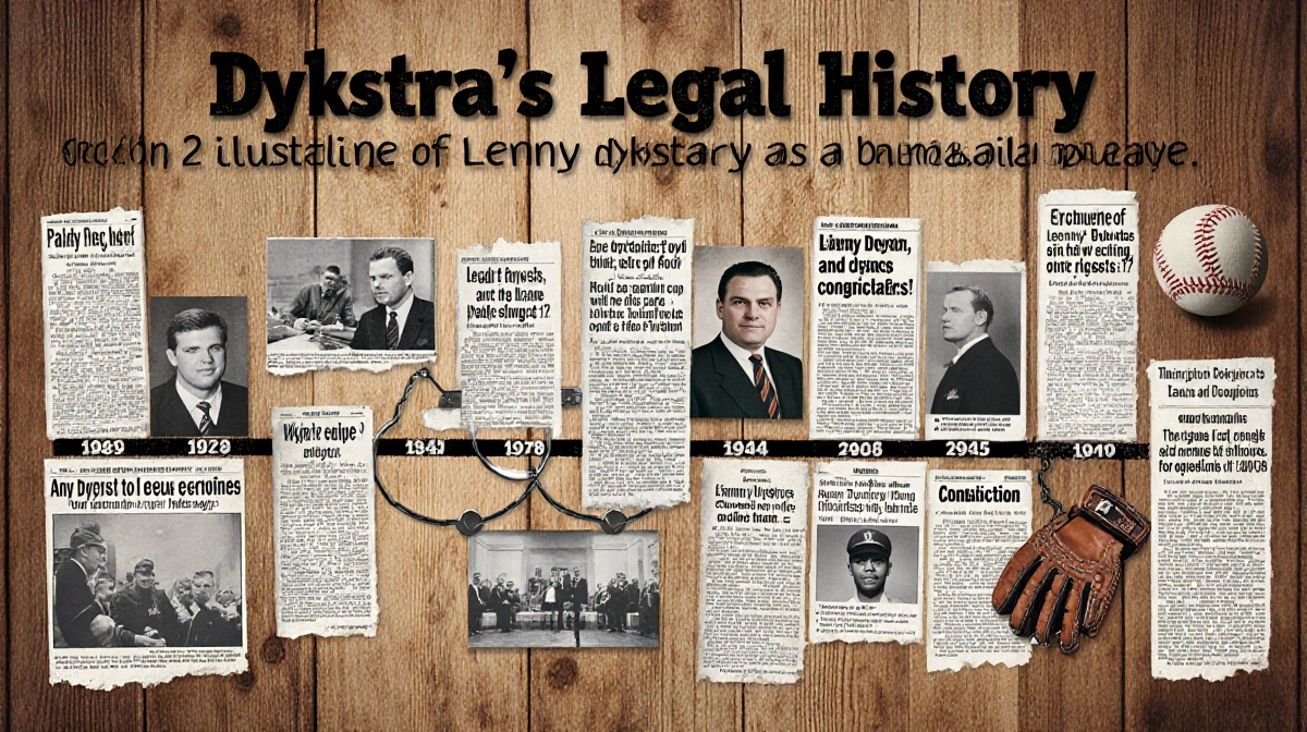 Timeline depicting Lenny Dykstra's legal history with newspaper clippings and handcuffs and baseball gloves