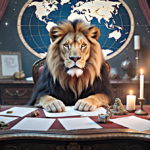 Leo sits at an antique desk with candles and papers glow illuminating face and a celestial map behind
