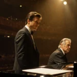 Leo Woodall stands confidently at piano with Dustin Hoffman seated nearby showing pride and concern in golden concert hall