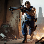 Leon S. Kennedy bursts through a door with his shotgun amid flames and debris and a blurred cityscape behind.