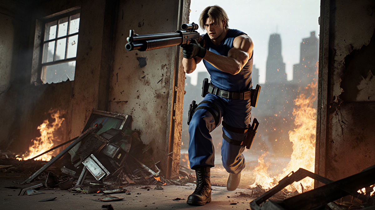 Leon S. Kennedy bursts through a door with his shotgun amid flames and debris and a blurred cityscape behind.
