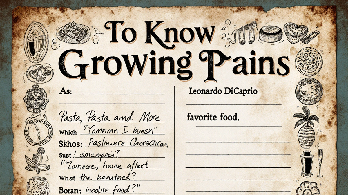 Vintage magazine page showing Leonardo DiCaprio's handwritten questionnaire with Pasta Pasta and More Pasta answer and 90s de