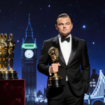 Leonardo DiCaprio stands holding black BAFTA statuette with 14 gold trophies on pedestal near London backdrop night sky
