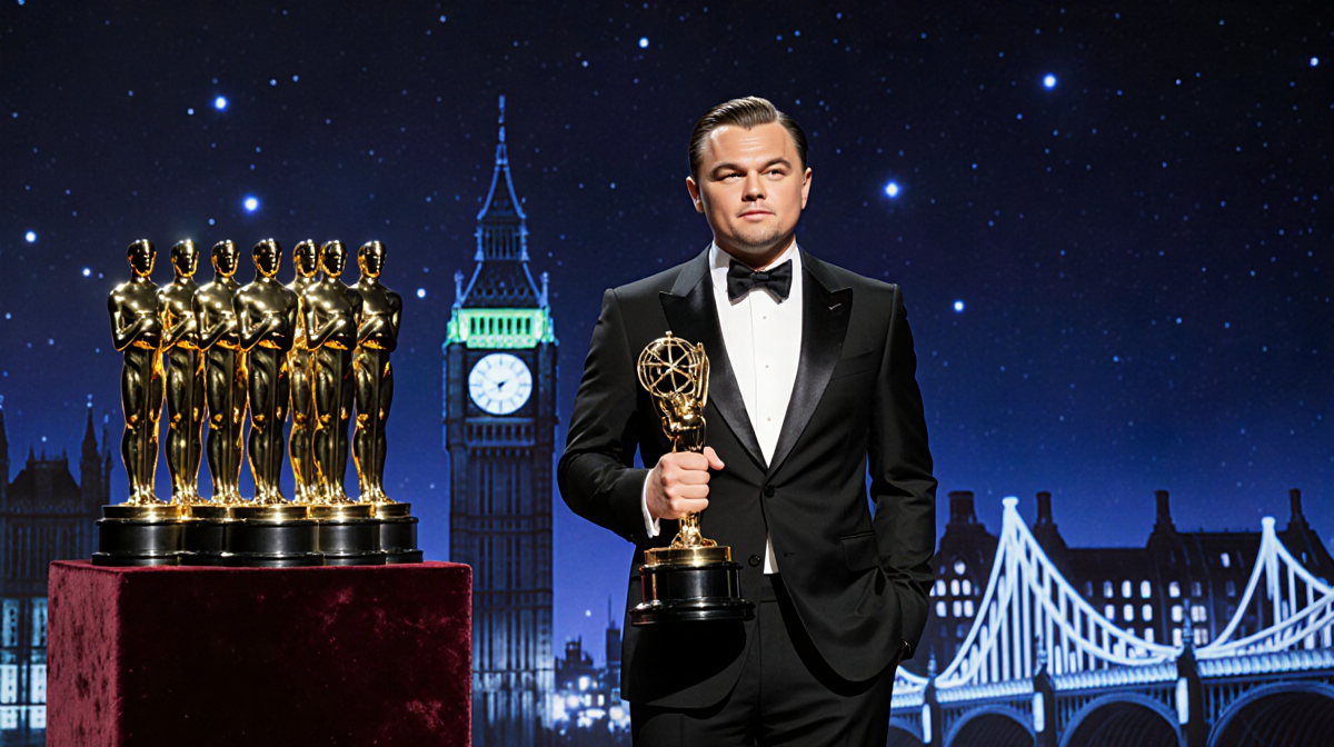 Leonardo DiCaprio stands holding black BAFTA statuette with 14 gold trophies on pedestal near London backdrop night sky
