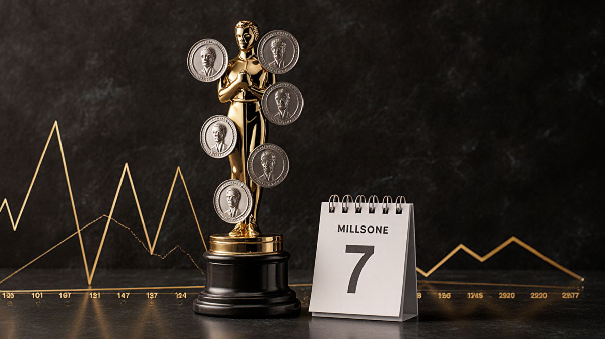 Vintage trophy with seven plaques sits on dark backdrop with subtle gold accents and faint calendar outline.