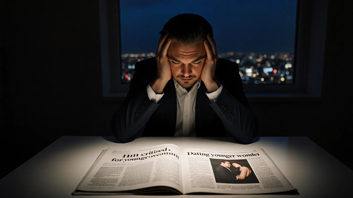 Leonardo DiCaprio sitting with head in hands looking disappointed with newspaper headline about dating younger women and city
