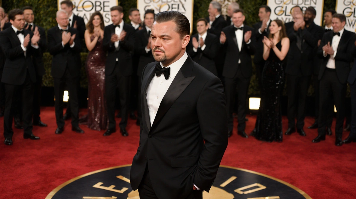 Leonardo DiCaprio stands on stage with disappointed expression and blurred celebrities with red carpet behind