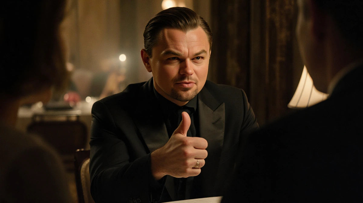 Leonardo DiCaprio giving a thumbs up with a sly smile and raised eyebrows in a dimly lit luxury setting