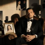 Leonardo DiCaprio relaxing in vintage armchair with old Hollywood photos and awards around him