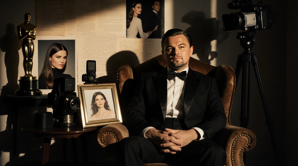 Leonardo DiCaprio relaxing in vintage armchair with old Hollywood photos and awards around him