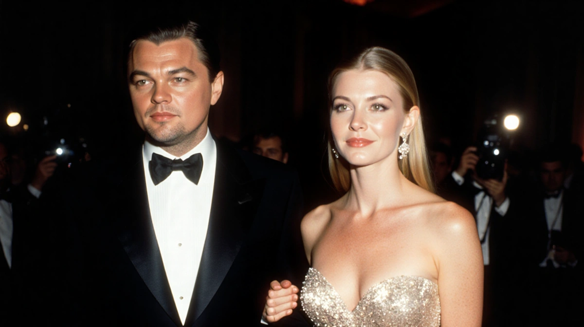 Leonardo DiCaprio and Gwyneth Paltrow reuniting at red carpet event with his hand on her shoulder and paparazzi flashes behin