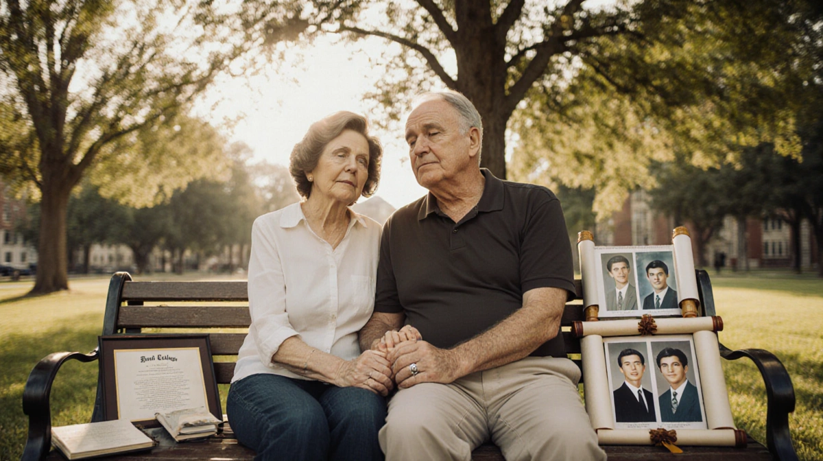 Two college women holding hands on campus bench with yearbooks and family photos showing their life together