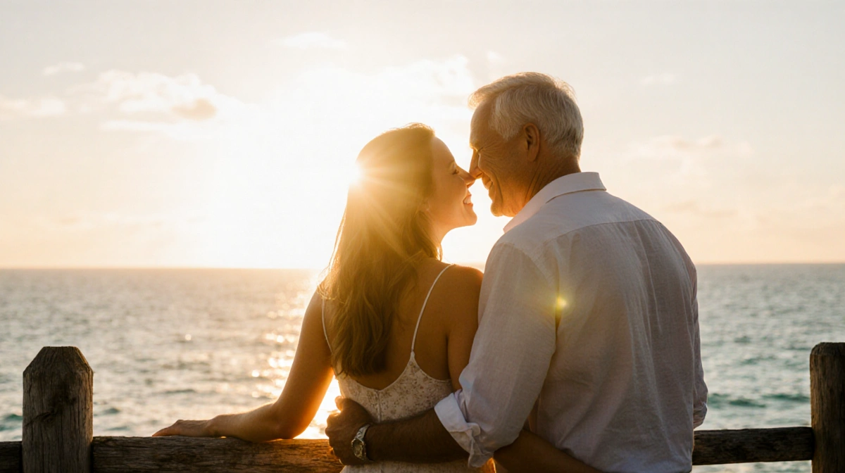 Leslie Davis and Don Reidy holding hands at sunset with wooden fence and turquoise waters behind them