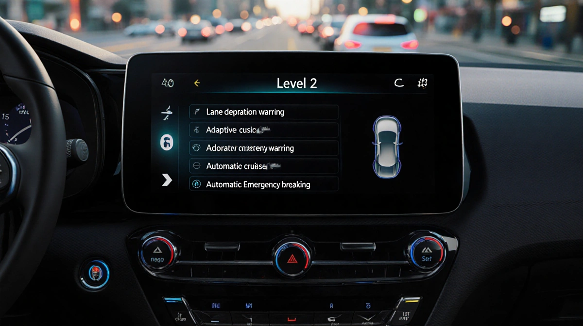 Modern car dashboard showing Level 2 driver assistance system with lane departure warning and adaptive cruise control indicat