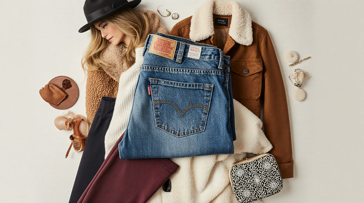Stacked winter clothing shows Levi's Wedgie jeans with fleece leggings and designer accessories on warm background