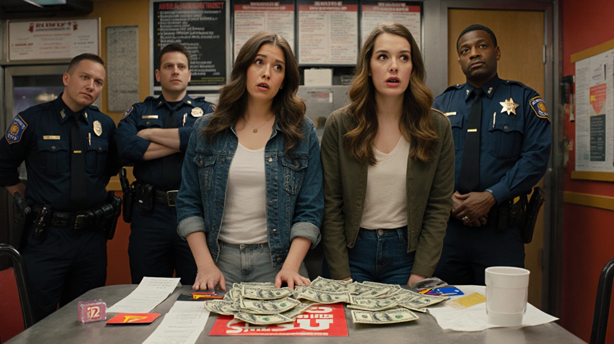 Two women stand nervously near In-N-Out table with counterfeit bills and police badges showing arrest scene