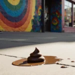 Pedestrians stepping around dog mess on rainbow sidewalk with LGBTQ center and colorful murals behind