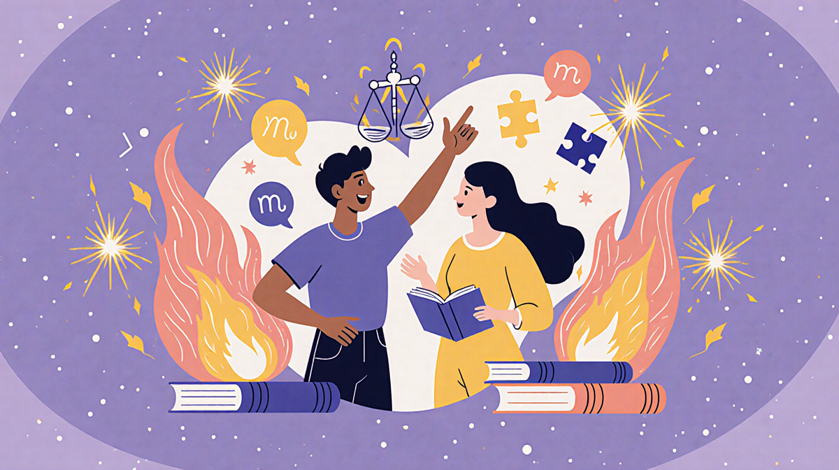 Libra couple in a creative partnership debating with sparks and flames around them and books showing electric connection.